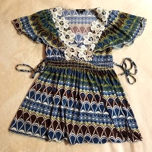 XOXO Blouse, sz Small. Brown, blue, green with white embroided detailing